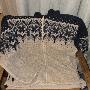 VINTAGE Columbia sherpa zip up womens jacket blue and cream snowflake design, L